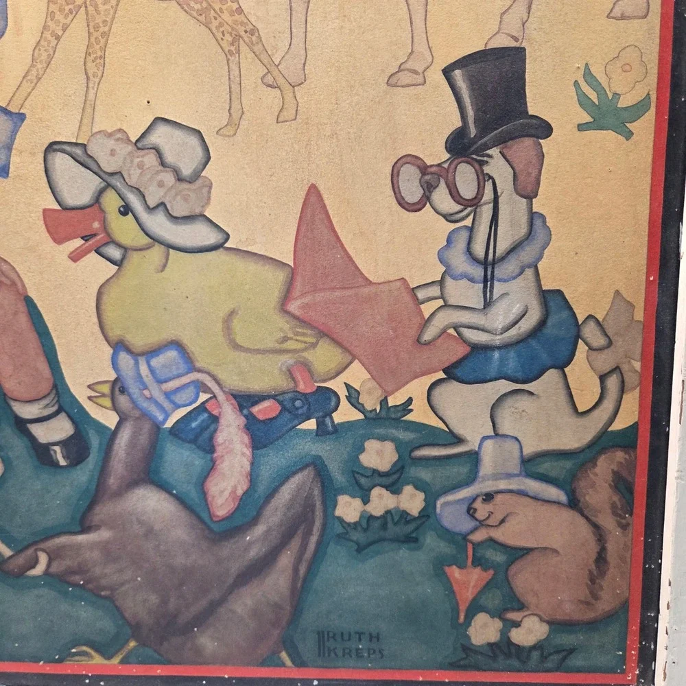 Vintage Ruth Kreps Nursery Art Framed Print Animals Storybook Children 26x26